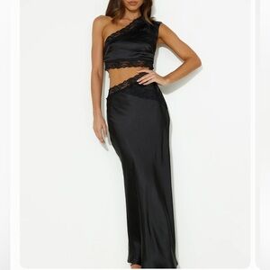 Hello Molly Black One-Shoulder Lace Trim Satin Dress